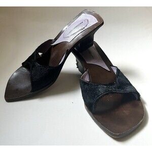 Vintage 90s Antonio Miro Black Pony Hair Mules Size 39 Square Toe Kitten Heels 9